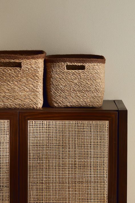 Small, handmade storage basket in seagrass and jute to keep your home tidy and organised in a charming, rustic way. Handles at the short sides. As the basket is handmade from natural materials, each item is a unique piece of craftsmanship. Height 16 cm. Width 18 cm. Length 24 cm. Basket In Bedroom, Living Room Baskets, Guest Bedroom Home Office, Seagrass Storage Baskets, Shelf Baskets Storage, Black Shelves, Shower Storage, Kids Activewear, Interior Textiles