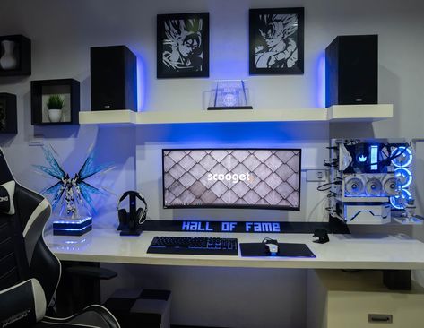 Credit: JCSerafin22 ⬆ Click to explore the products used.  #scooget #homeoffice #workfromhome Black And White Gaming Setup, White Gaming Setup, White Desk Setup, Games Room Inspiration, Gaming Rooms, Gaming Desk Setup, Best Gaming Setup, Gamer Setup, Pc Gaming Setup