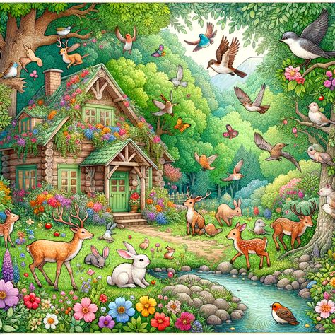 https://upaboveprints.etsy.com Whimsical Animal Art, Storybook Art Illustrations, Cabin Illustration, Woodland Cabin, Multicolored Flowers, Whimsical Nursery, Whimsical Woodland, Storybook Art, Cabin Art