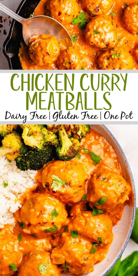 These Whole30 curry chicken meatballs are the perfect weeknight dinner recipe. Made on the stovetop, these gluten free ground chicken meatballs are dairy free, low carb and are done in one skillet. If you're looking for a dinner that is both healthy and delicious while keeping your cleanup to a minimum, give this curry chicken meatball recipe a go! #chickenmeatballs #glutenfreerecipes #dairyfreerecipes #whole30chicken Recipes No Dairy, Whole30 Curry, Chicken Recipes No Dairy, Curry Chicken Meatballs, Ground Chicken Recipes Healthy, Chicken Meatballs Healthy, Ground Chicken Meatballs, Winter Dinners, Curry Meatballs