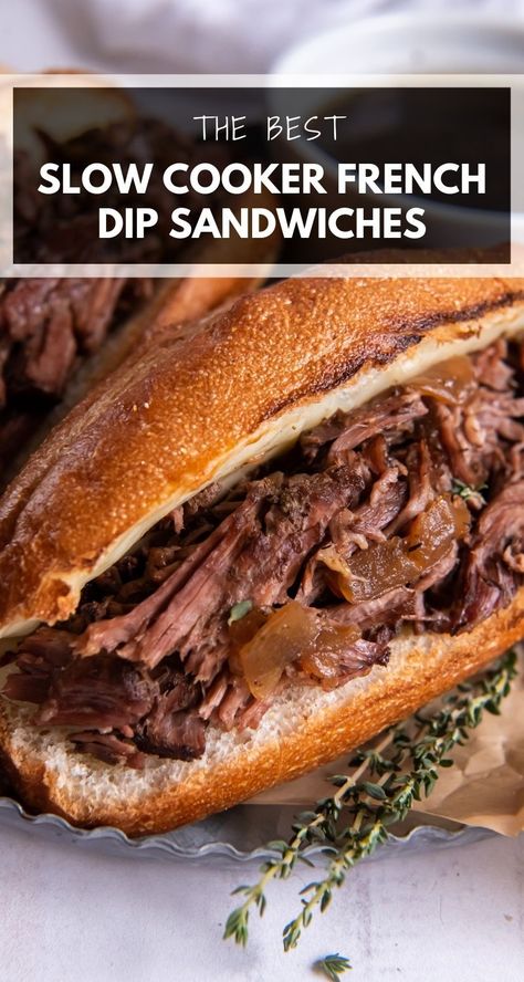 Slow Cooker French Dip Sandwiches are savory, comforting and so easy to make. With tender beef, melted cheese and a side of au jus for dipping, this toasty sandwich makes the best meal! #frenchdip #frenchdipsandwiches #slowcookerfrenchdipsandwiches #bestfrenchdip #beef #beefsandwiches #dinner Slow Cooker Italian Beef Sandwiches, Slow Cooker French Dip Sandwiches, Leftover Roast Beef Recipes, French Dip Sandwich Crockpot, French Dips, Slow Cooker French Dip, Italian Dip, French Dip Recipes, Cozy Food