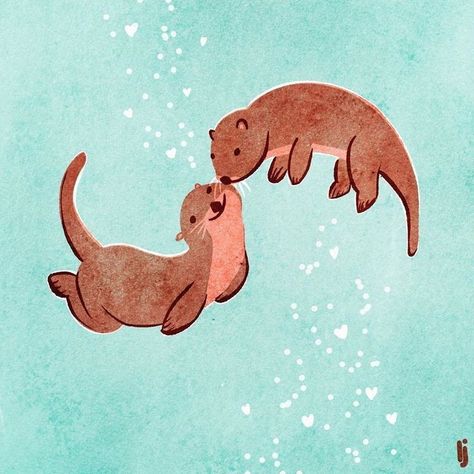 Otter Couple Drawing, Otter Sketch Easy, Couple Animals Drawing, Cute Otter Illustration, Cartoon Otter Drawing, Matching Otter Tattoos, Otter Painting Easy, Animals In Love Drawing, Animal Couple Drawing