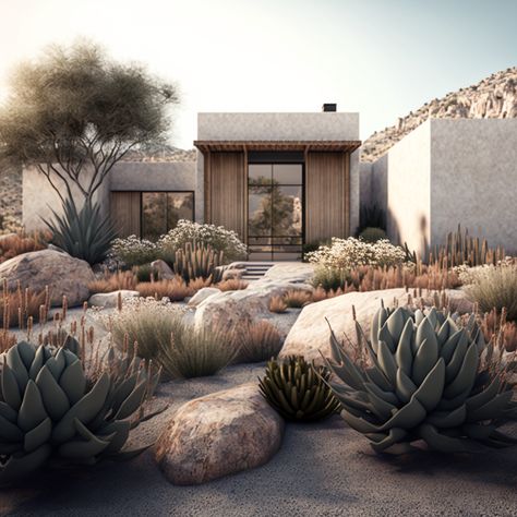 Desert Mediterranean Landscape, Desert Casita, Dessert Landscape, Nevada House, Olive House, Boulder Garden, Mexican Desert, Small Front Yard Landscaping, Modern Desert