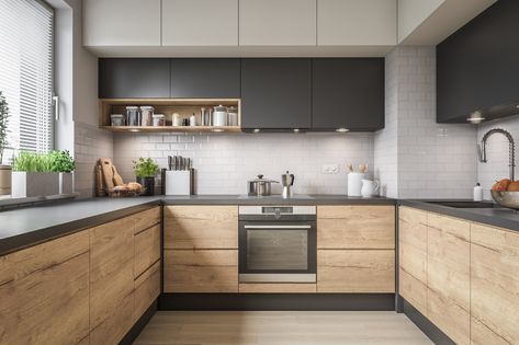 ArtStation - Apartment Interior ( Unreal Engine / UE4 ), Tomasz Muszyński Kitchen Wood And Grey, Dark Counter Tops Kitchen, Dark Wood And White Kitchen, Kitchen Grey Wood, Grey And Wood Kitchen, Painted Cabinets, Kabinet Dapur, Modern Kitchen Cabinet Design, Dream Kitchens Design