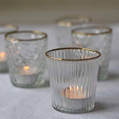 Ribbed Clear Glass Tea Light Holder  with Gold Rim Tea Light Holder Wedding, Unique Wedding Decor, Glass Tea Light Holders, Candle Holders Wedding, Tea Light Holders, Wedding Reception Tables, Wedding Table Decorations, Wedding Candles, Tealight Candle Holders