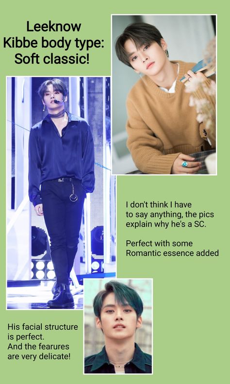 #Kibbe #kpop #Straykids #skz #Leeknow #Minho #Soft_classic Mens Body Types, Soft Classic Kibbe, Skz Leeknow, Face Types, Dramatic Classic, Soft Classic, Classic Man, Lee Know, Body Types