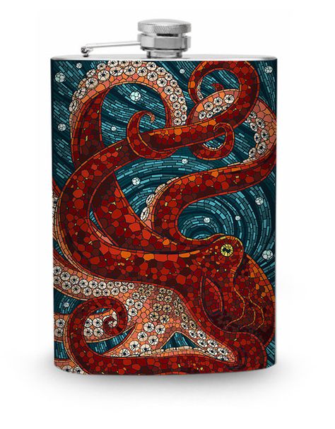 Octopus Flask 8oz Stainless Steel Metal Hip Liquor by Swagstr Octopus, Design Tiles, Paper Mosaic, Octopus Design, Silver Christmas, Kraken, Mosaic Tile, Steel Metal, Tapestry Design