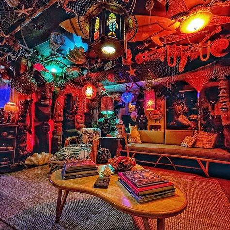 Tiki Bar Lighting Ideas, Hippy Furniture, Tiki Bedroom, Party Basement, Hippie Furniture, Home Tiki Bar, Adventure Decor, Basement Inspiration, Tiki Decor