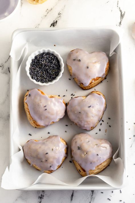 Easter Food And Desserts, Heart Shaped Scones, Gourmet Baked Goods, Valentine’s Day Baking Recipes, Bakery Baked Goods, Heart Scones, Unique Baked Goods, Lemon Lavender Scones, Easy Baked Goods