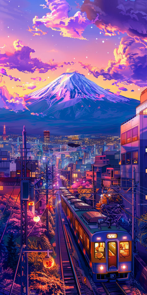 A stunning illustration of the Tokyo cityscape, featuring a vibrant nightlife atmosphere with a train winding through the city and a majestic mountain in the background. The purple sky and colorful, anime-style aesthetic bring this highly detailed digital art piece to life, capturing the essence of Tokyo in all its energetic beauty. 🌆🚄🌸 #TokyoNights #AnimeArt #VibrantCity DigitalArt #AnimeStyle #CityscapeArt #NightlifeVibes #TokyoLife #ColorfulAesthetics #PurpleSky #ToyoItsuStyle Animated Tokyo City, Tokyo Background Aesthetic, Tokyo City Wallpaper, Tokyo City Night Aesthetic, Tokyo City Aesthetic, Chris Wallpaper, Tokyo Japan Aesthetic, Detailed Digital Art, Tokyo Cityscape