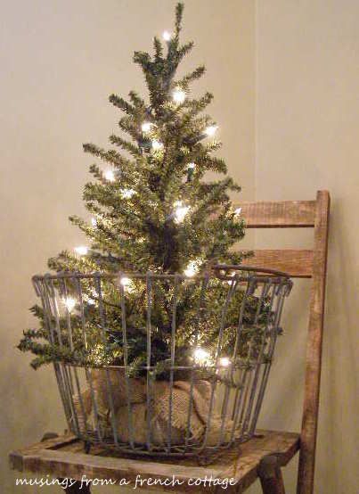 Tree In An Old Egg Basket...Musings From A French Cottage, Christmas Around the House. Small Christmas Trees Decorated, Prim Christmas, Small Christmas Trees, Farmhouse Christmas Decor, Noel Christmas, Merry Little Christmas, Country Christmas, Christmas Deco, Christmas Decorating