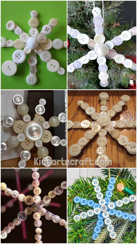 Snowflake Button Crafts Using Popsicle Stick Close Pin Snowflakes, Button Snowflakes, Closepin Crafts Christmas Snowflake Ornaments, Cute As A Button Ornament, Snowflake Buttons, Popsicle Stick Snowflake, Christmas Tree Images, How To Make Snowflakes, Kids Craft Room