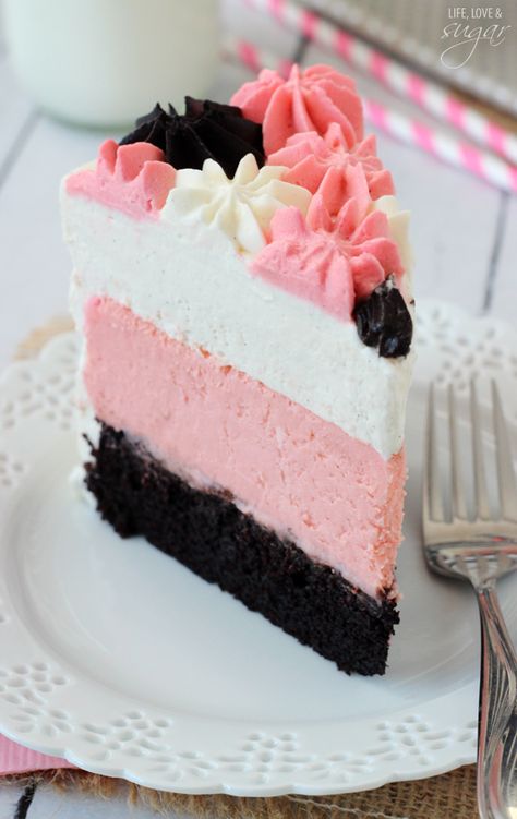 Neapolitan Millionaire Cake - vanilla bean mousse, strawberry cheesecake, chocolate cake! So good! Millionaire Cake, Vanilla Bean Mousse, Cheesecake Chocolate Cake, Strawberry Vanilla Cake, Cheesecake Chocolate, Oreo Dessert, Monkey Bread, Piece Of Cake, Strawberry Cheesecake