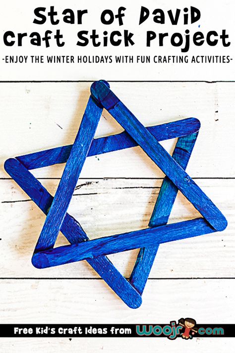 Craft Stick Star of David Craft | Woo! Jr. Kids Activities Star Of David Craft Preschool, Haunika Crafts, Hanukkah Crafts For Kids Preschool, Hanukkah Kids Crafts, Star Of David Craft, Channukah Crafts, Star Of David Art, David Craft, Hanukkah Preschool