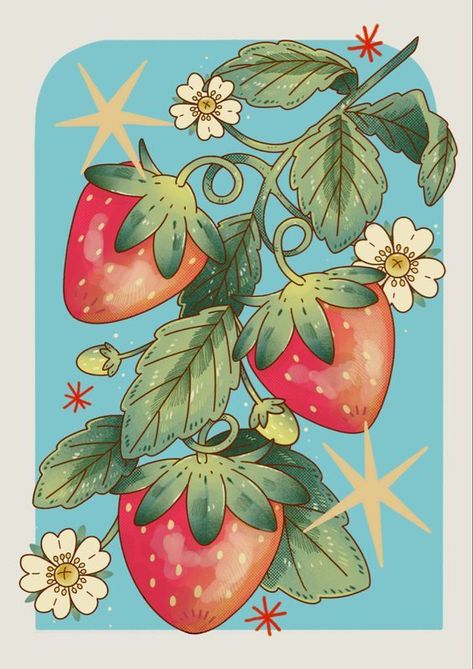 Mushroom And Strawberry Art, Aesthetic Food To Draw, Strawberry Reference Drawing, Stroberry Drawing, Fruit Drawings Aesthetic, Strawberry Bush Painting, Strawberries Acrylic Painting, Fruits Aesthetic Drawing, Strawberry Fields Drawing