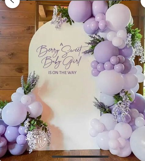 Violet Birthday Decorations, Purple Themed Baby Shower Ideas, 3 Arch Backdrop With Balloons, Purple Baby Shower Ideas Decoration, Lavender Balloon Arch, Lilac Baby Shower Ideas, Baby Shower Ideas Purple, A Berry Sweet Baby Is On The Way, Lavender Baby Shower Ideas