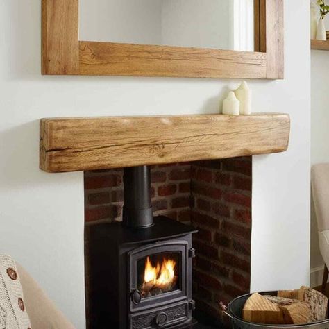 Oak Beam Fireplace, Fireplace Mantle Shelf, Floating Fireplace Mantel, Exposed Brick Fireplaces, Wood Burner Fireplace, Wood Burning Stoves Living Room, Log Burner Fireplace, Log Burner Living Room, Floating Fireplace