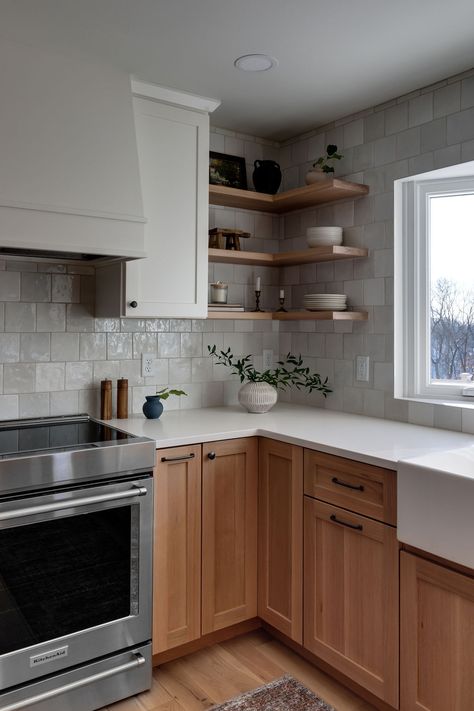 Ikea Light Wood Kitchen, White Cabinets Kitchen Wood Countertops, Natural Shaker Cabinets, White Backsplash With Oak Cabinets, Wood Effect Kitchen Cabinets, Shelves And Cabinets In Kitchen, Kitchen Oak Flooring, Walnut White Kitchen, Mixed White And Wood Kitchen Cabinets