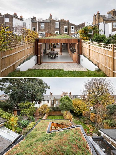 A modern home extension with a green roof, minimalist interior, and warm wood window frames. Living Green Roof, Terrace Extension, Eco Roof, Living Wall Garden, Green Roof Design, Green Roof House, Flat Roof Extension, Grass Roof, Home Extension