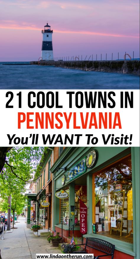 Photos of picturesque towns in Pennsylvania - a lighthouse in Erie and vintage Main Street with colorful buildings. Pennsylvania Towns, Mechanicsburg Pennsylvania, Johnstown Pennsylvania, Easton Pa, Usa Places, Pennsylvania Travel, Birthday Vacation, Us Road Trip, On The Run