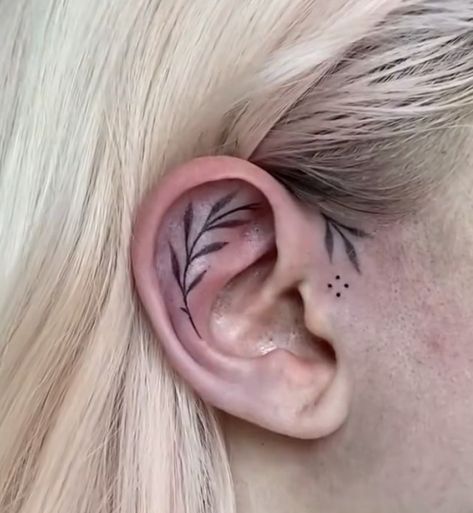 Leaves Behind Ear Tattoo, Leaves Ear Tattoo, Inside Of Ear Tattoo, Fern Ear Tattoo, Vine Ear Tattoo, Ear Leaf Tattoo, Leaf Ear Tattoo, Inner Ear Tattoos For Women, Cartilage Tattoo