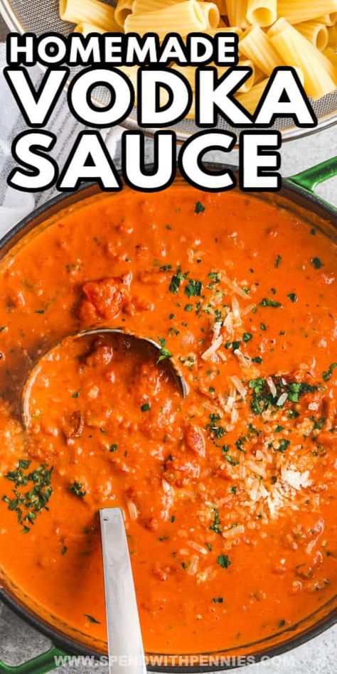 Make this fancy Vodka Sauce recipe to serve over pasta or add to Italian favorites like lasagna. It's the best creamy tomato based sauce out there! Vodka sauce is the classic red sauce that everyone loves, and it goes with all kinds of dishes. It's creamy, spicy, and sweet. Don't miss out on making this homemade favorite. #vodkasauce #homemaderecipe #bestspicypastasauce #spendwithpennies Pasta Sauce With Red Wine, Easy Vodka Sauce, Red Wine Pasta Sauce, Basic Pasta Sauce, Penne A La Vodka, Spaghetti Sauces, Spicy Pasta Sauce, Homemade Vodka, Homemade Vodka Sauce