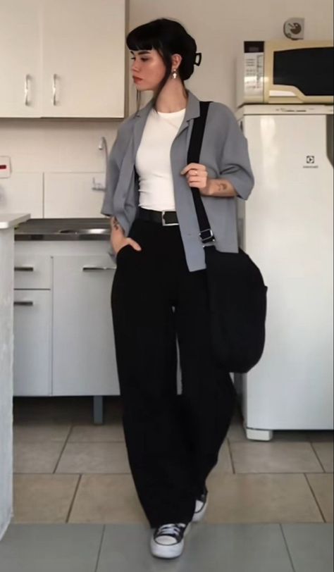 Skater Office Outfit, Minimal Goth Aesthetic, Tech Job Outfit Women, Black Pleated Pants Outfit, Grad Student Outfit, Queer Business Casual, Plus Size Rocker Chic, Feminine Tomboy Style, Casual Work Fashion