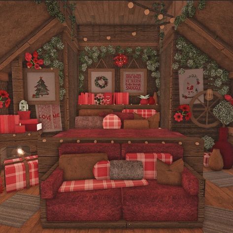 Bloxburg Christmas Cabin Ideas, Bloxburg Winter Cabin Interior, Bloxburg Log Cabin Layout, Bloxburg Cozy Christmas House, Christmas Bloxburg Decor, Roblox Bloxburg House Ideas Christmas, Christmas Builds Bloxburg, Bloxburg Christmas Build Ideas, Bloxburg Winter Cottage