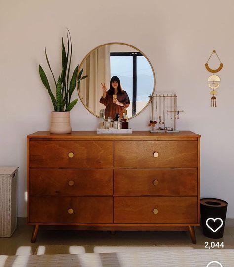 Boho Room Dresser, Dresser In Room Ideas, Mirrors On Dressers, Small Dresser Styling, Dresser With Art Above, Styling Black Furniture, Mirror Next To Dresser, Small Dresser Decor Bedroom, Dresser Top Aesthetic