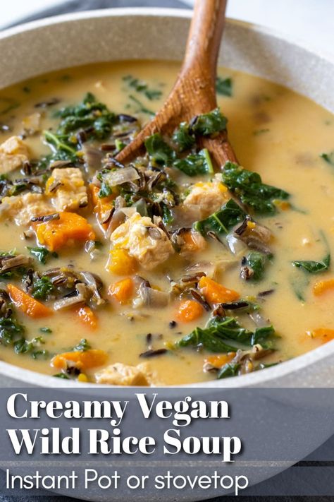 This cozy and nutritious wild rice soup is loaded with veggies like kale and butternut squash and is a breeze to make in the Instant Pot or on the stovetop. Creamy yet light and 100% vegan! #vegansoup Vegan Instant Pot Soup, Vegan Rice Soup, Vegan Wild Rice Soup, Vegan Wild Rice, Soup Sunday, Vegan Butternut Squash Soup, Vegan Cornbread, Vegan Paleo Recipes, Fall Veggies