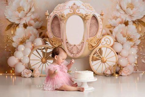 Pink gold princess horse carriage Cinderella carriage floral painted backdrop cake smash first birthday Up Cake Smash, Gold Carriage, Theme Photoshoot, Baby Shower Background, Backdrops Kids, Princess Theme Birthday, Cake Smash Ideas, Princess Theme Birthday Party, Smash Cake Girl