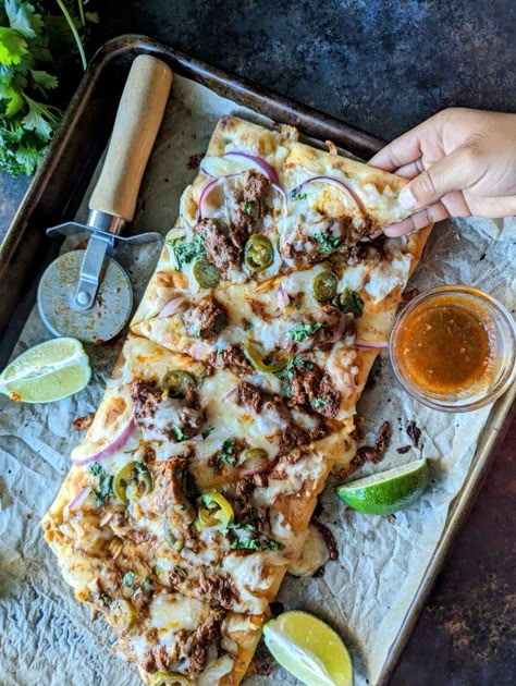 Birria Pizza {Tik Tok Trader Joe's Birria Pizza Recipe}FacebookInstagramPinterestTwitterYouTube Trader Joes Pizza Recipe, Birria Pizza, Beef Birria Recipe, Bbq Chicken Flatbread, Beef Birria, Beef Pizza, Trader Joes Recipes, Cooking Pizza, Dinner Plan