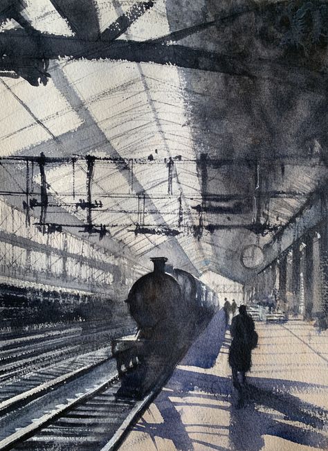 Train Artwork Illustrations, Train Station Painting, Train Station Drawing, Train Station Illustration, Train Watercolor, Train Station Art, Train Painting, Train Artwork, Train Drawing