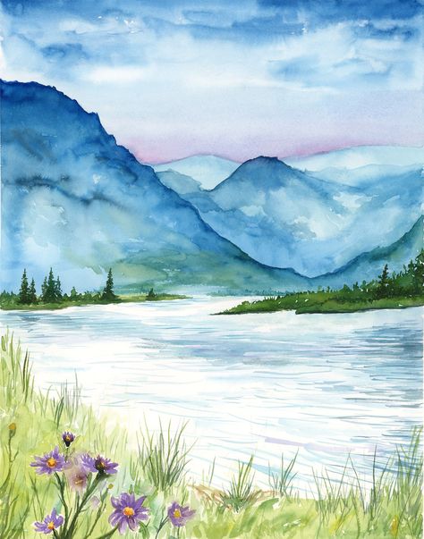 Landscape Ideas Drawing Watercolor, Lake Watercolor Painting Easy, Water Colour Painting Easy Landscape, Watercolour Landscape Easy, Watercolor Landscape Paintings Easy, Landscape Watercolor Paintings, Painted Landscapes, Art Peaceful, Watercolour Landscapes