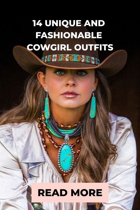 Stylish cowgirl wearing a decorated hat and turquoise jewelry. Western Themed Outfits Women, Womens Western Costume, Classy Cowgirl Outfits Party, Black Felt Hat Outfit Western, Blue Cowgirl Hat Outfit, Rodeo Hats For Women, Cowgirl Outfits For Older Women, Country Western Theme Party Outfits, Cowgirl Hat Outfit Winter