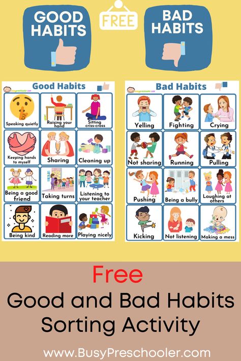 Good and Bad Choices - Sorting Activity For Kids | Free Download Manners Chart, Good Habits For Kids, Manners For Kids, Child Behavior Chart, Social Skills For Kids, Bad Choices, Good Manners, Good And Bad, Classroom Rules