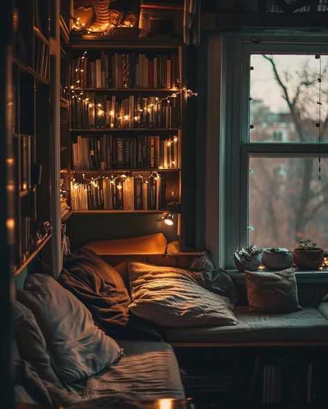 This reading nook, complete with a fairy light, can create a cozy and enchanting atmosphere. The soft glow of the fairy lights adds a touch of magic to the space, making it the perfect spot to curl up with a good book and escape into another world. Fairy lights from @cozywonderspots Art Bedroom Aesthetic, Cozy Core, Comfy Room, Bookworm Aesthetic, Cozy Home Library, Things To Create, Window Views, Nook Decor, Cozy Rooms