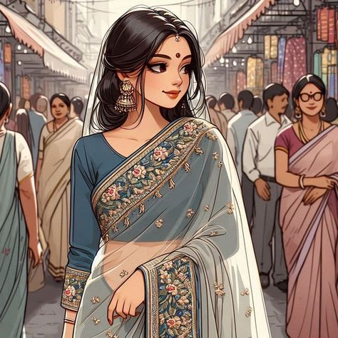 Saree Illustration Digital, Indian Anime Woman, Girl In Saree Illustration, Indian Wear Illustration, Indian Women Drawing, Indian Princess Art, Indian Girl Illustration, Indian Girl Painting, Indian Girl Drawing