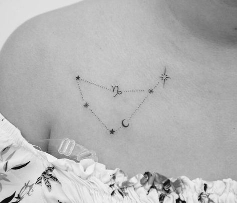 Tiny Capricorn Constellation Tattoo Capricorn Constellation Art, Capicorn Tatoos Stars, Astrology Tattoo Capricorn, Capricorn Tattoo Constellation, Capricorn Aesthetic Tattoo, Capricorn Star Constellation Tattoo, Capicorn Tatoos Ideas, Unique Capricorn Tattoo Ideas, Capricorn Tattoo For Women