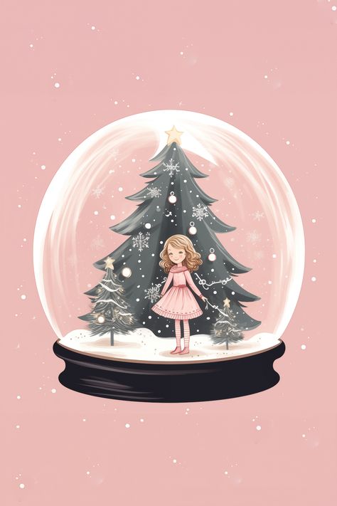 Girl in pink dress inside a snow globe with Christmas trees and falling snow illustration Christmas Drawing Snowglobe, Snowglobe Drawing, Christmas Girl Illustration, Snowglobe Illustration, Snow Globe Illustration, Pink Snow Globe, Coconut Painting, Navidad Pink, Christmas Coconut