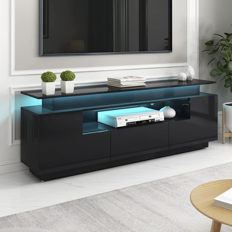 Functional Tv Stand, Color Changing Led Lights, Black Tv Stand, White Tv Stands, Led Tv Stand, Stands Tv, Led Color Changing Lights, Storage Credenza, Entertainment Furniture