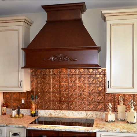 Trim Update, Tin Ceiling Backsplash, Tin Tile Backsplash, Tin Backsplash Kitchen, Copper Kitchen Backsplash, American Tin Ceiling, Patterned Kitchen Tiles, Tin Ceilings, Metal Wall Panel