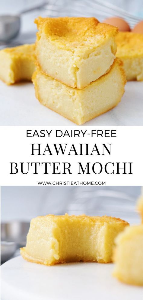 Hawaiian Butter Mochi! Vegan Hawaiian Butter Mochi, Dairy Free Mochi, Mochi Rice Flour Recipes, Butter Coconut Mochi, Rice Flour Desserts Vegan, Pandan Butter Mochi, Easy Butter Mochi Recipe, Gluten Free Chinese Desserts, Mochi Flour Recipes Baking