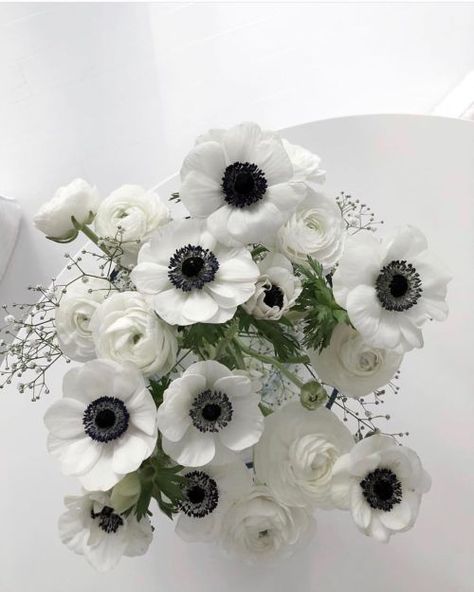 credit: Sonja Olsen Flower Arrangements With Anemones, Wedding Transformation, Anemone Wedding, Anemone Bouquet, White Ranunculus, White Anemone, Flower Guide, December Wedding, Anemone Flower