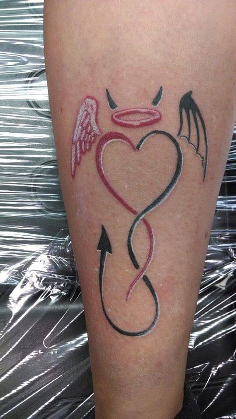 Horns or Halo? Angel With Horns Tattoo, Angel With Horns, Devil Horns Tattoo, Horns Tattoo, Angel Devil Tattoo, Halo Tattoo, Cute Tattoos On Wrist, Female Tattoos, Devil Tattoo