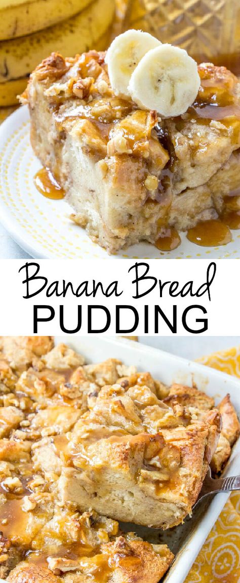 Warm, gooey and full of banana bread flavor this Banana Bread Pudding is a fun and easy breakfast or dessert treat that is hard to resist! #bananabread #banana #breadpudding #breakfast #tasty #caramel #caramelsauce via @amiller1119 Puding Roti, Banana Bread Pudding, Dessert Oreo, Banana Dessert Recipes, Banana Pudding Recipes, Desserts Vegan, Bread Pudding Recipe, Banana Dessert, Delicious Breakfast Recipes