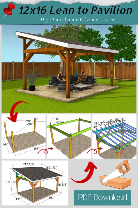 12x16 Lean to Pavilion Plans - 4 Post Pavilion Diy Lean To Patio Cover Free Standing, How To Build A Gazebo, Pavillion Backyard, Lean To Pavilion, Redo House, Diy Carport, Lean To Roof, Pavilion Plans, Diy Gazebo