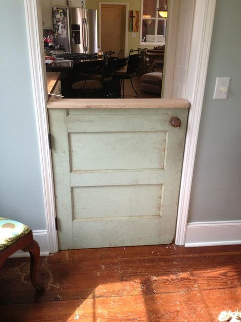 Reclaimed door cut to half door with solid oak top Half Door Diy, Basement Half Door, Diy Half Door Ideas, Farm Door Half Open, Half Doors In The House, Half Doors In The House Dog Gates, Homemade Gates, Swinging Half Door, Barn Door With Half Rounds