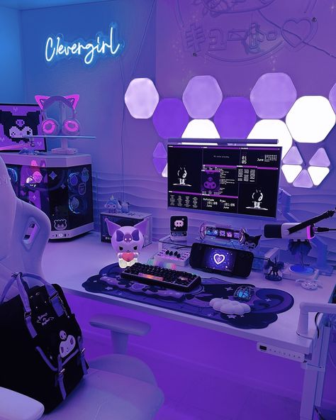 happy monday💜✨ here is a few shots at my kuromi 1.0 setup💜 I have some fun new content I’ll be posting too, plus I finally finished editing my YouTube gaming setup diary vlog! so I’ll have that video up tomorrow. I hope to do a YT 1-2 twice a week, I want to be consistent over there. now the only thing is i have to figure out when to post morning, afternoon or evening. ⋆..𖥔 ݁ ˖*:･༄ don’t forget to follow for more tech | gaming | desk setup inspo | theme setups | cinnamoroll | futuristic cont... Witchy Gaming Room, Kuromi Desk Setup, Purple Set Up, Kuromi Gaming Setup, Kuromi Room, Games Room Inspiration, Gamer Bedroom, My Kuromi, Purple Games