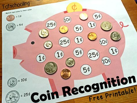 Piggy Bank Coin Recognition Printable | Totschooling - Toddler and Preschool Educational Printable Activities Money Kindergarten, English Synonyms, Educational Toddler Activities, Teaching Money, Money Activities, Homeschool Preschool Activities, Money Math, Toddler Education, Homeschool Learning